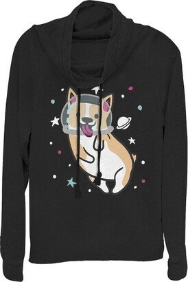 Juniors Womens Lost Gods Dog Astronaut Space Corgi Cowl Neck Sweatshirt - Black - Medium