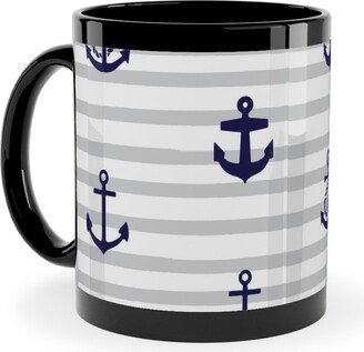 Mugs: Anchors Away - Black On Gray Stripes Ceramic Mug, Black, 11Oz, Gray