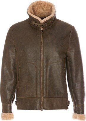 Shearling-Trim Zipped Leather Jacket