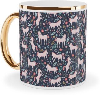 Mugs: Pink Unicorn Fields - Dark Ceramic Mug, Gold Handle, 11Oz, Multicolor