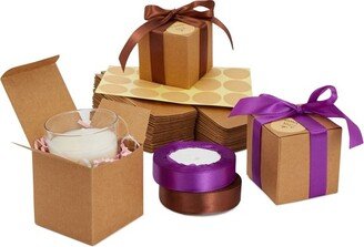 Stockroom Plus 50 Pack Kraft Brown Paper Gift Boxes, Bulk Set with Ribbon & Stickers (3 x 3 x 3 In)