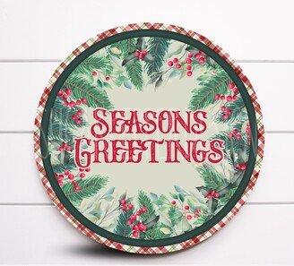 Wreath Sign, Season's Greeting Holly & Berries Round Metal Sugar Pepper Designs, Sign For