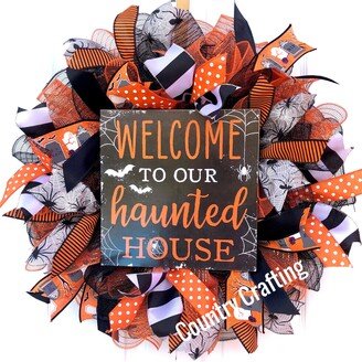 Haunted House Wreath, Welcome Halloween Happy Wreath