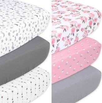 The Celestial Stars, Pink Rose and Floral Fitted Crib Sheets for Girls, 6-Pack Set, Grey, Pink