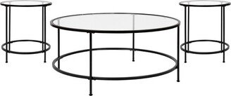 Merrick Lane Round Glass Coffee Table Set - 3 Piece Clear Glass Table Set with Matte Black Frame and Vertical Legs