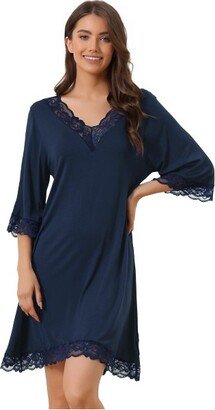 cheibear Women' Lace Modal Soft Half Sleeve One Piece Nightgown Navy Blue X-Small