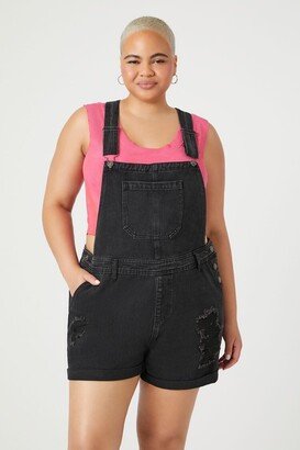 Women's Distressed Denim Overall Shorts in Washed Black, 0X