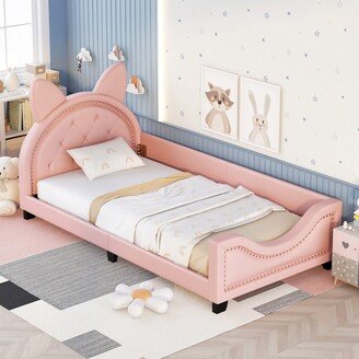 EDWINRAY Twin Size Upholstered Daybed with Carton Ears Headboard, Rabbit-Shaped Cute Platform Bed Frame with Button for Boys Girls, Pink