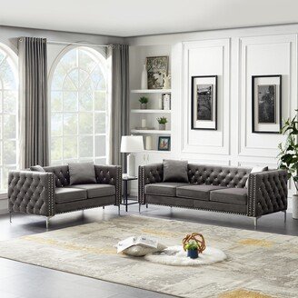 Calnod 2 Pcs Modern Velvet Living Room Sofa Sets, Button Tufted 3-Seat Sofa & Loveseat with 4 Pillows