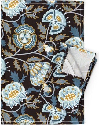 Victorian Tea Towels | Set Of 2 - Rococo Floral Blue Gold By Tigatiga Art Nouveau Damask Linen Cotton Spoonflower