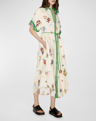 Seeker Embroidered Linen Tie-Belt Midi Shirtdress