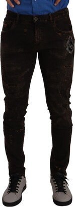 Brown Crown Logo Cotton Skinny Denim Men's Jeans