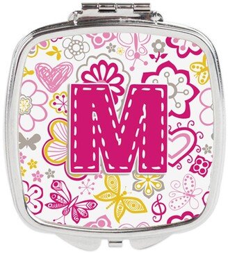 CJ2005-MSCM Letter M Flowers & Butterflies Pink Compact Mirror