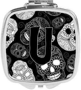 CJ2008-USCM Letter U Day of the Dead Skulls Black Compact Mirror