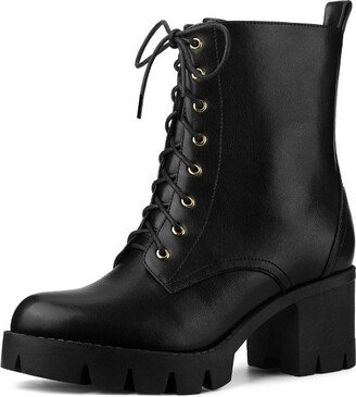 Allegra K Women's Lace-Up Platform Chunky Heels Combat Boots Black