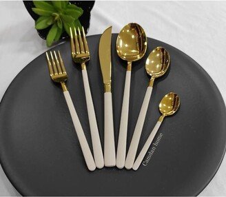 90 Gold Pieces Set, Beige Titanium Cutlery Shiny Stainless Steel Tableware Plated Flatware Set