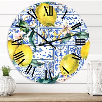 Designart 'Lemon Ornament On Blue Geometrical Pattern I' Tropical wall clock