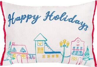 National Tree Company HGTV Home Collection Happy Holidays Pillow Embroidered With Village Scene , White, 20 in