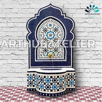 Fountain With Mosaic, Moorish Tile Fountain Mosaic Artwork, Water Inside Fountain, Moroccan Fountain, Terrace Indoor Decor