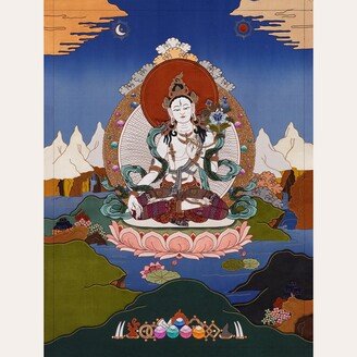 White Tara in Thanka Appliqué I Highly Refined Traditional Tibetan Hand-Cut Embroidery