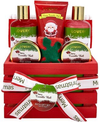 Lovery Cherry Twinkle Bell Christmas Gift Set, Bath and Body Care Package, 8 Piece