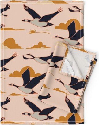 Migration Tea Towels | Set Of 2 - Geese Flight Together By Nika Martinez Coastal Clouds Sky Sunrise Linen Cotton Spoonflower