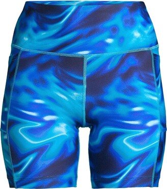 Land' End Women' Chlorine Reitant High Waited 6 Bike Swim Short with UPF 50 Sun Protection - Medium - Electric Blue Multi/Swirl