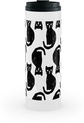 Travel Mugs: Black Cat Stainless Mug, White, 16Oz, Black