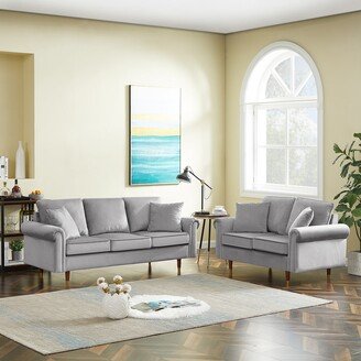 Calnod Modern Velvet 2 Seater and 3 Seater Sofa Set With Wood Legs, Rolled Arms Sofa with Pocket Spring and Padding Cushions