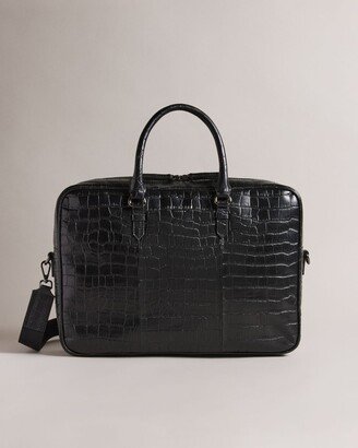 Croc Effect Leather Document Bag in Black