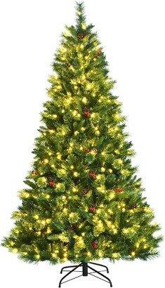 7ft Pre-lit Hinged Artificial Christmas Tree w/ Pine Cones & Red Berries