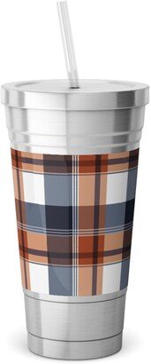 Travel Mugs: Navy & Orange Plaid Stainless Tumbler With Straw, 18Oz, Multicolor