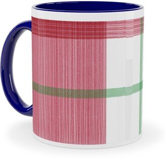 Mugs: Double Plaid Ceramic Mug, Blue, 11Oz, Red