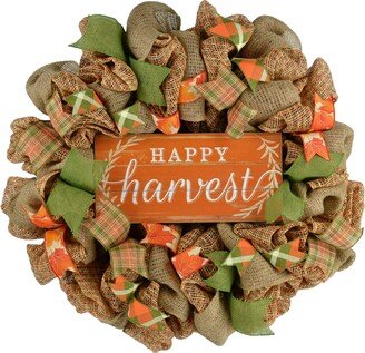 Happy Harvest Fall Wreath, Thanksgiving Deco Mesh Front Door Wreath; Brown Orange Green Burlap