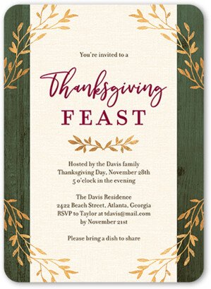 Thanksgiving Invitations: Brushy Border Fall Invitation, Green, 5X7, Pearl Shimmer Cardstock, Rounded