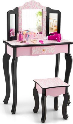 Kid Vanity Set Wooden Makeup Table Stool Tri-Folding Mirror Leopard