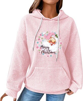 Generic Christmas Hoodie for Women Casual Long Sleeve Drawstring Pullover Tops Loose Hooded Sweatshirt with Pocket (Pink