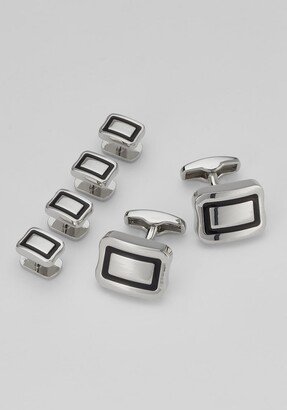 Men's Polished Silver and Black Enamel Cufflink & Stud Set