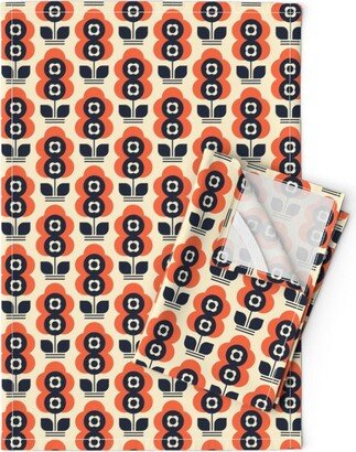 Mid Century Modern Tea Towels | Set Of 2 - Double Daisy Orange By Roucoucou Floral Linen Cotton Spoonflower