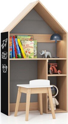 Kids House-Shaped Table & Chair Set Wooden Toy Organizer Cabinet with Blackboard