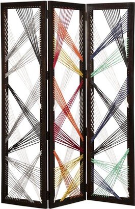 Contemporary 3 Panel Wooden Screen with Woven String Design - 72 H x 2 W x 61 L Inches