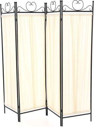 Black Metal 4-Panel Room Divider with Off-White Fabric Screen - 79