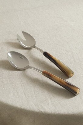 Set Of Two Silver And Horn Serving Spoons - Brown