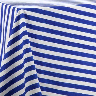 Kate Austin Designs Organic Cotton Table Cloth In Blue And White Cabana Stripe Block Print