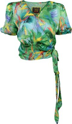 Lalipop Design Double-Breasted Blouse With Digital Print Leaf Patterns