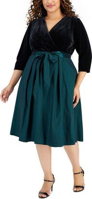 Plus Size Surplice-Neck Mixed-Media Dress - Black/emerald
