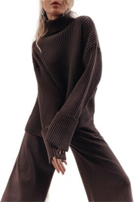 ALejoN Knitted Set Autumn and Winter Loose Turtleneck Pit Slit Sweater + Knitted Pants (Color : D