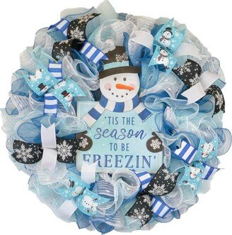 Freezin Winter Snowman Wreaths, Blue Cold Front Door Wreath, Outdoor Christmas Decor, White Turquoise Silver