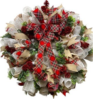 Christmas Wreath For Front Door/Traditional Plaid Holiday Decor Large Round Farmhouse