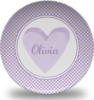 Personalized Lavender Purple Heart Valentine Gingham Plate - Microwave Safe Conversation Hearts